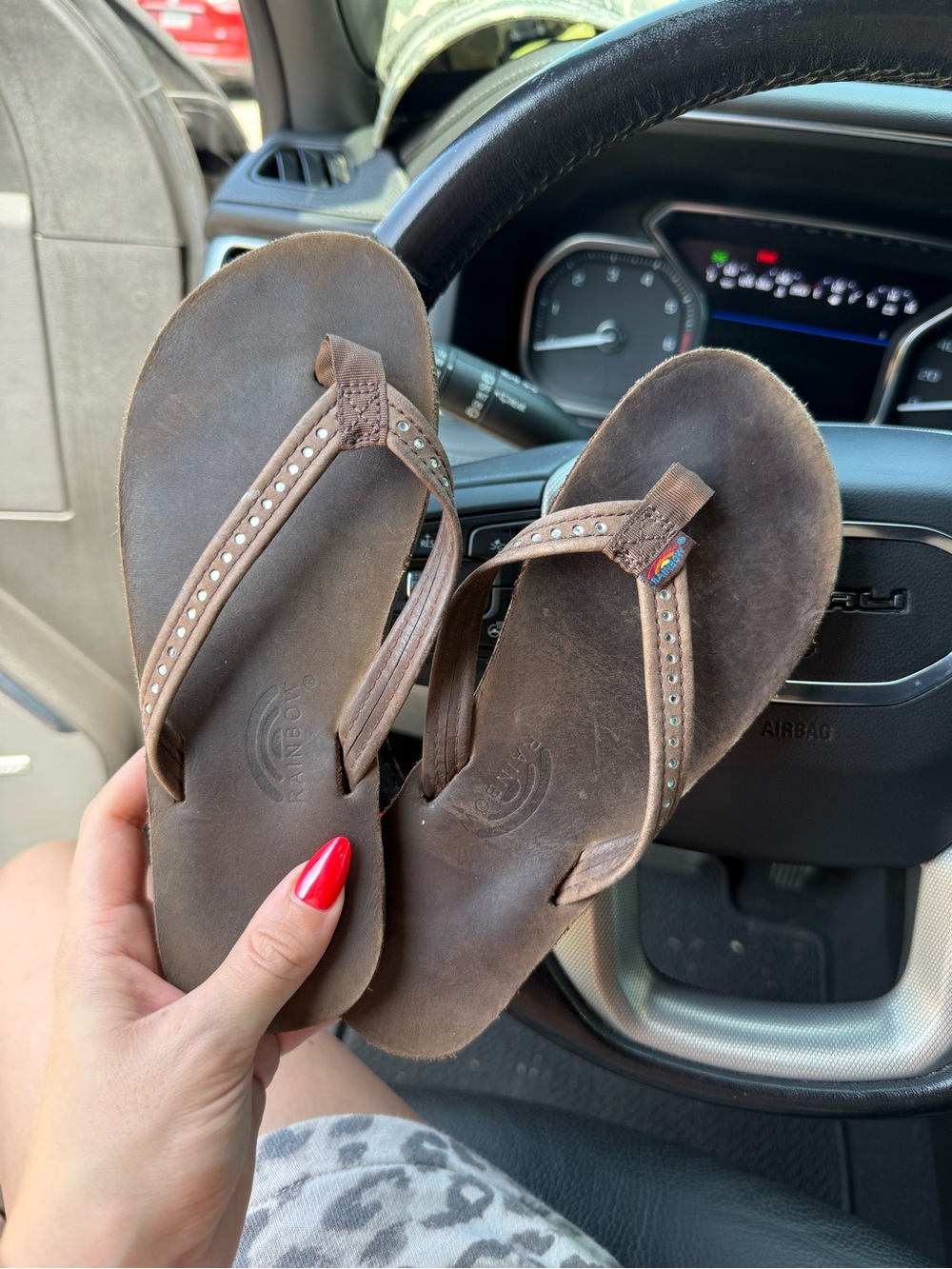 Rainbow Brown Leather Flip Flop Sandals with Studded Straps - Girls 11/12